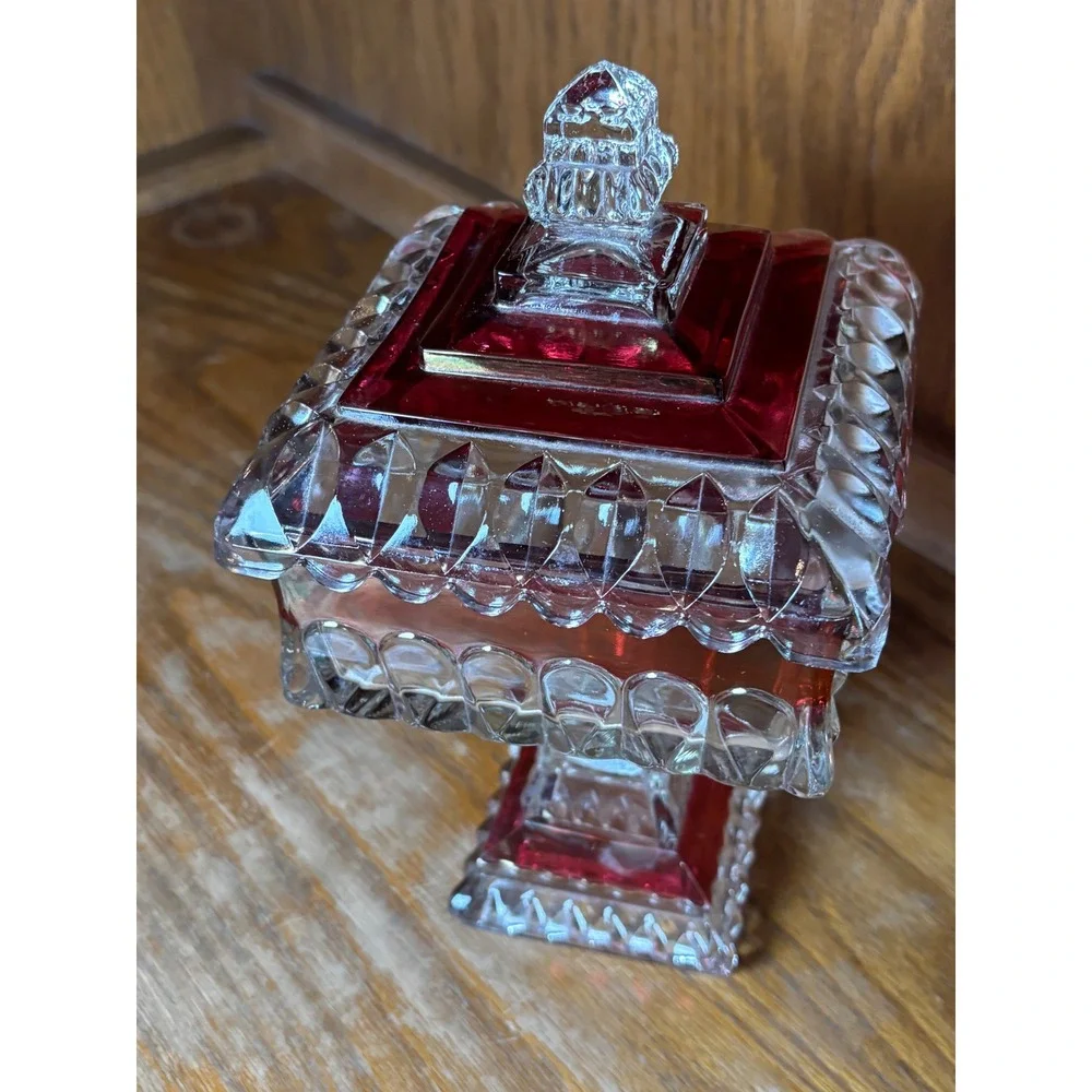 Vintage Smith Glass Ruby Red Clear Pedestal Candy Dish Lid Square Compote